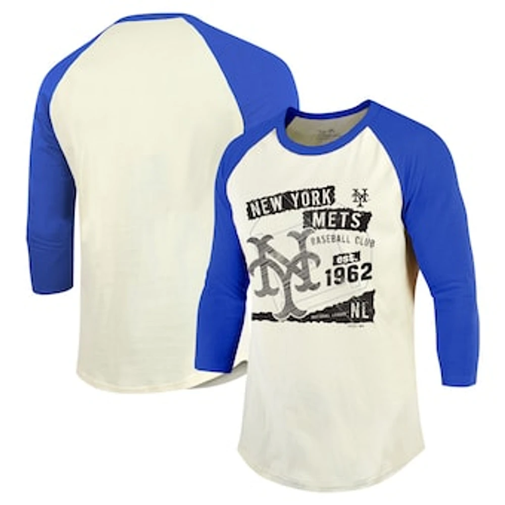 Men's Majestic Threads Cream/Royal New York Mets Raglan 3/4-Sleeve T-Shirt