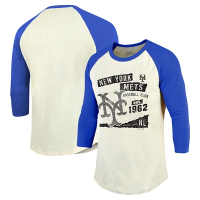 Men's Majestic Threads Cream/Royal New York Mets Raglan 3/4-Sleeve T-Shirt