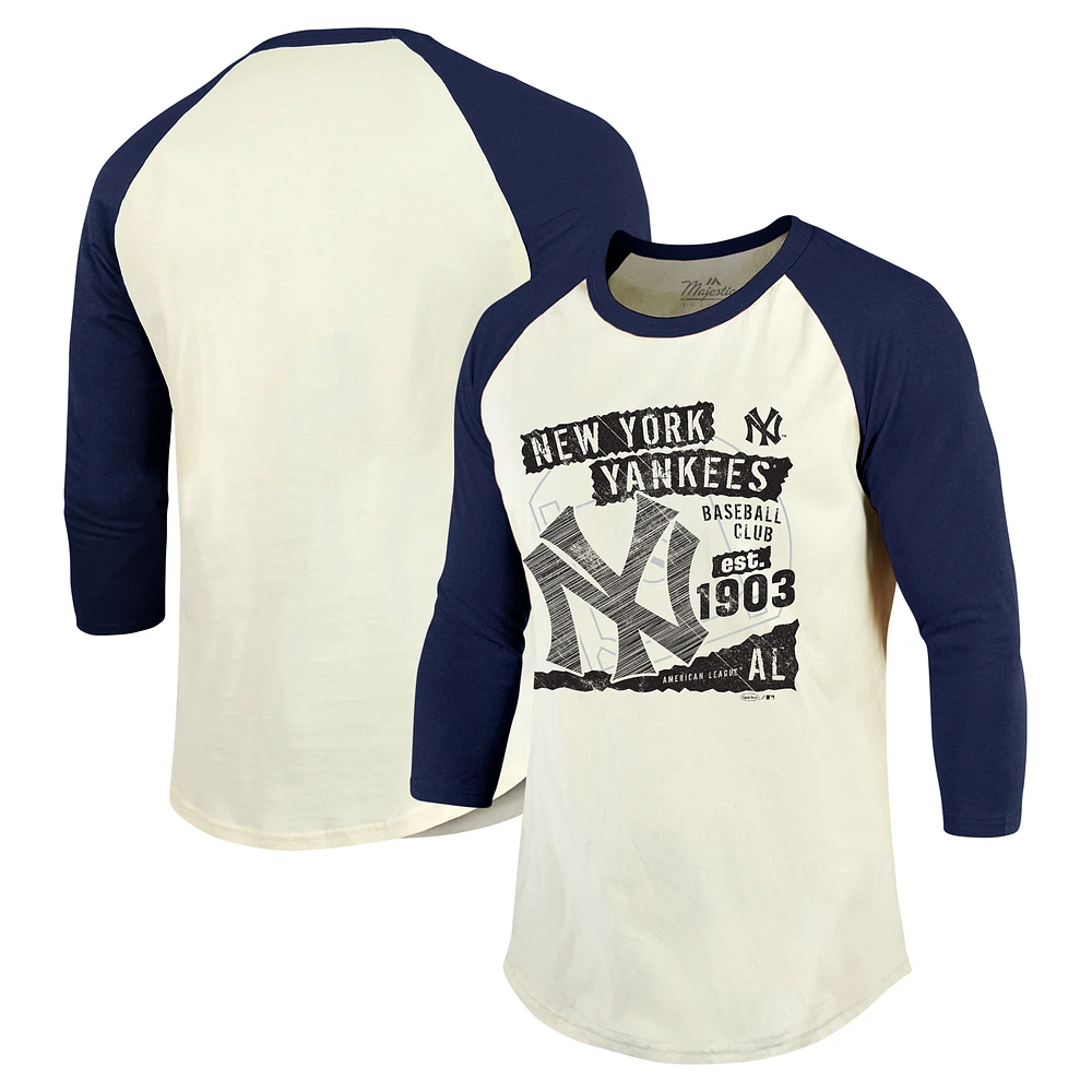 Men's Majestic Threads Cream/Navy New York Yankees Raglan 3/4-Sleeve T-Shirt