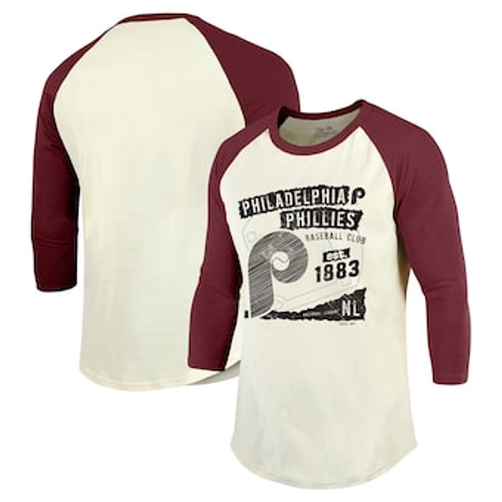 Men's Majestic Threads Cream/Burgundy Philadelphia Phillies Raglan 3/4-Sleeve T-Shirt