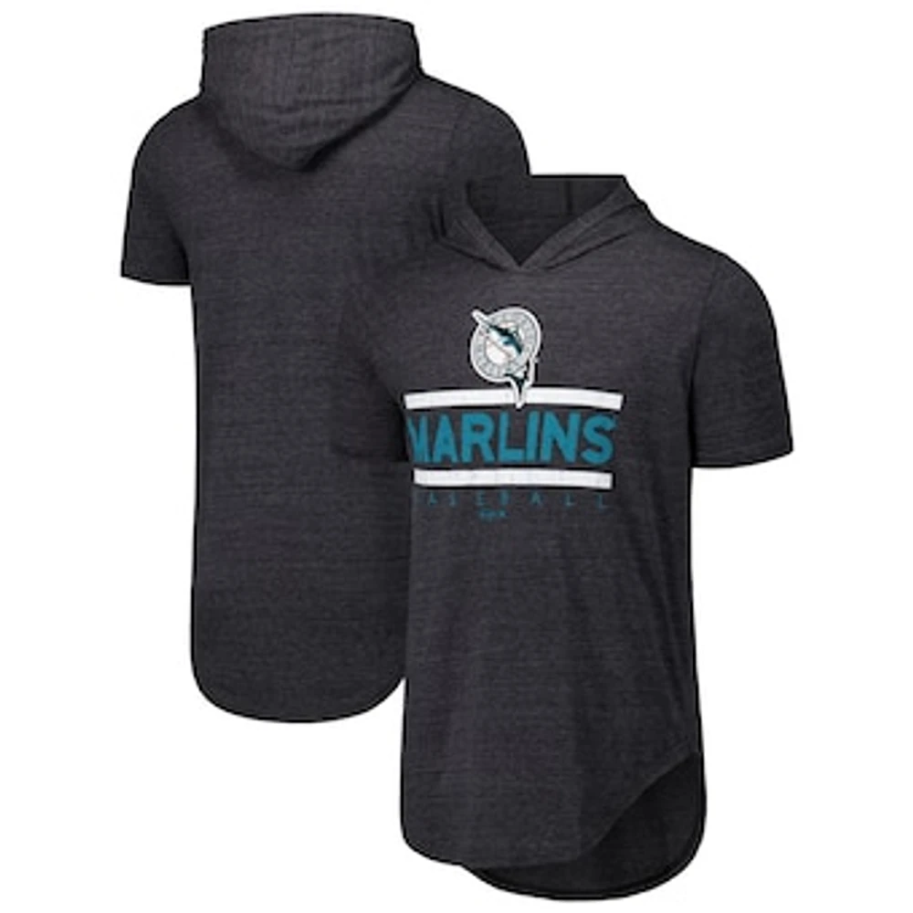 Men's Majestic Threads Black Florida Marlins Tri-Blend Hoodie T-Shirt