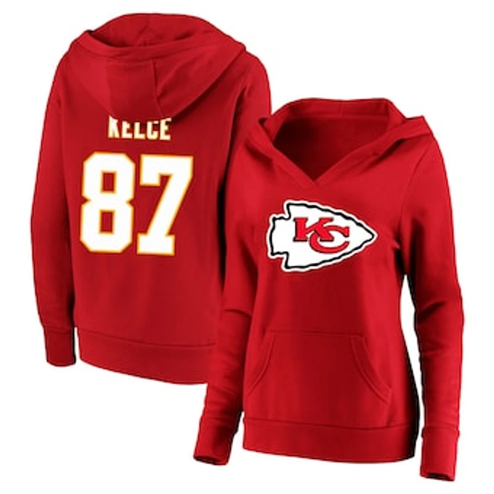 Women's Fanatics Travis Kelce Red Kansas City Chiefs Plus Player Name & Number V-Neck Pullover Hoodie