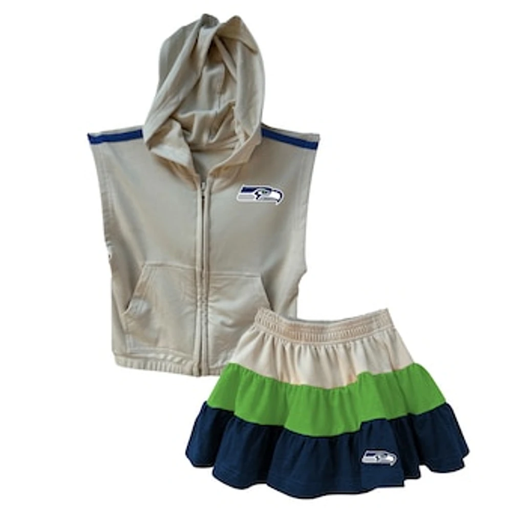 Girls Toddler Wes & Willy Neon Green/College Navy Seattle Seahawks Sleeveless Full-Zip Hoodie Three Tier Skirt Set