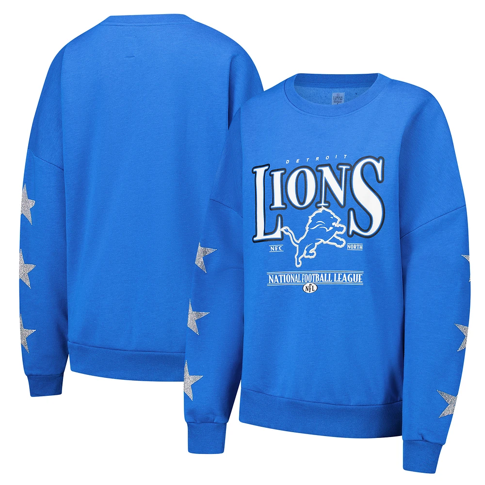 Women's Gameday Couture Blue Detroit Lions Rhinestone Star Sleeve Settle the Score Tri-Blend Pullover Sweatshirt