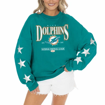 Women's Gameday Couture Aqua Miami Dolphins Rhinestone Star Sleeve Settle the Score Tri-Blend Pullover Sweatshirt