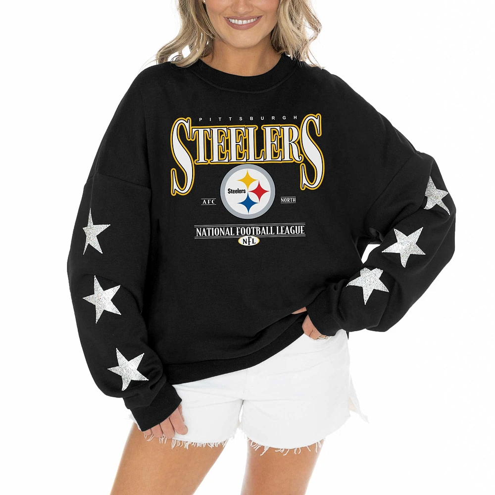 Women's Gameday Couture Black Pittsburgh Steelers Rhinestone Star Sleeve Settle the Score Tri-Blend Pullover