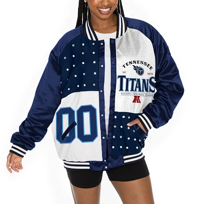 Women's Gameday Couture  Navy/White Tennessee Titans Oversized Hot Shot Rhinestone Throwback Full-Snap Varsity Bomber Jacket