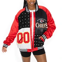 Women's Gameday Couture  Red/Black Kansas City Chiefs Oversized Hot Shot Rhinestone Throwback Full-Snap Varsity Bomber Jacket