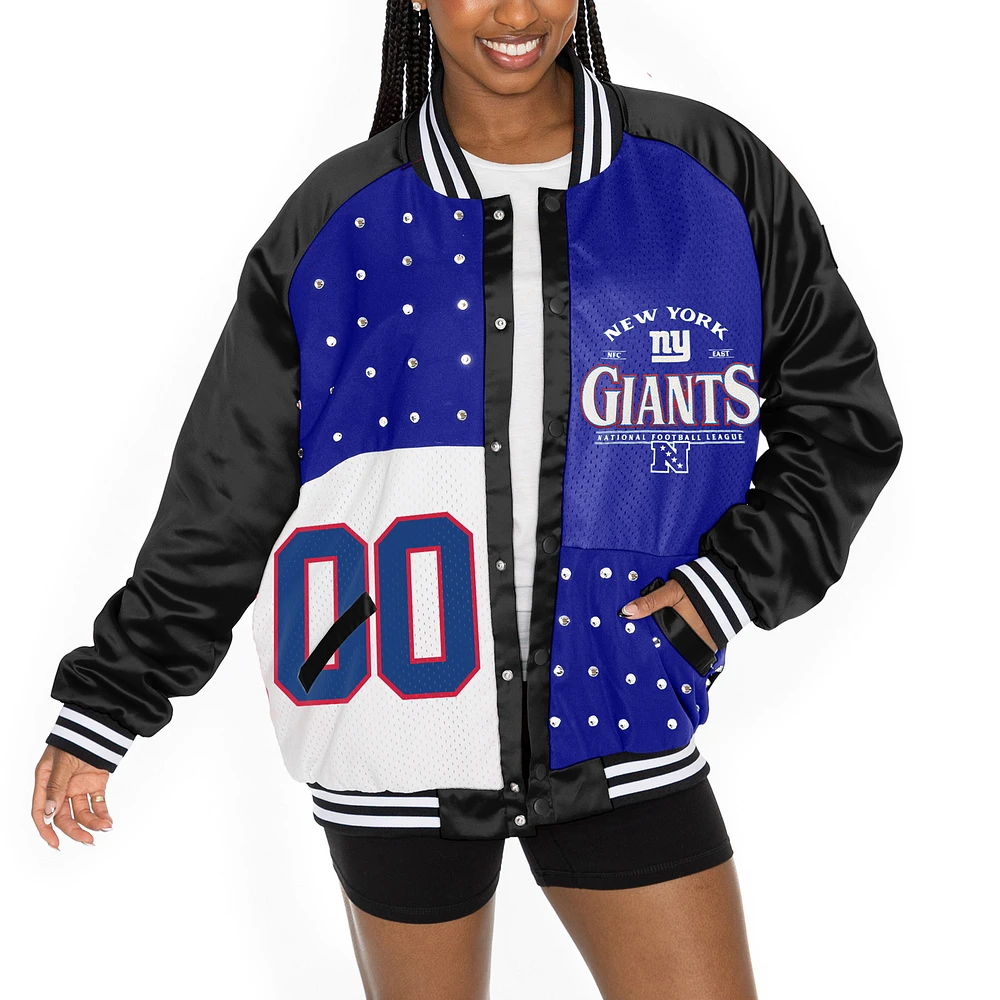 Women's Gameday Couture  Black/Royal New York Giants Oversized Hot Shot Rhinestone Throwback Full-Snap Varsity Bomber Jacket