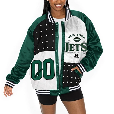 Women's Gameday Couture  Green/White New York Jets Oversized Hot Shot Rhinestone Throwback Full-Snap Varsity Bomber Jacket