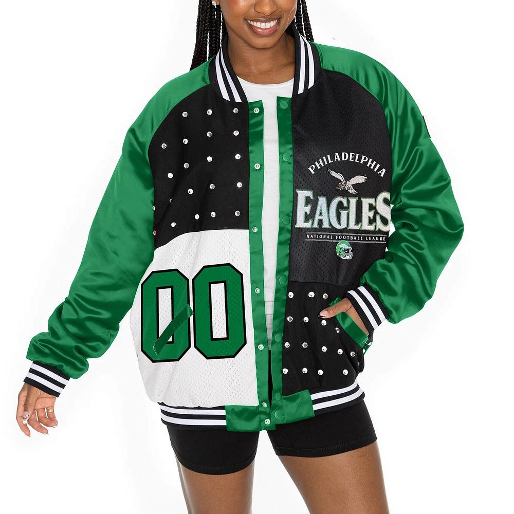 Women's Gameday Couture  Midnight Green/Black Philadelphia Eagles Oversized Hot Shot Rhinestone Throwback Full-Snap Varsity Bomber Jacket