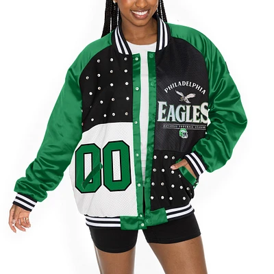 Women's Gameday Couture  Midnight Green/Black Philadelphia Eagles Oversized Hot Shot Rhinestone Throwback Full-Snap Varsity Bomber Jacket