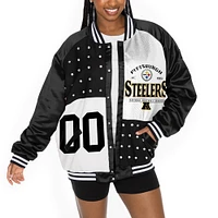 Women's Gameday Couture  Black/White Pittsburgh Steelers Oversized Hot Shot Rhinestone Throwback Full-Snap Varsity Bomber Jacket