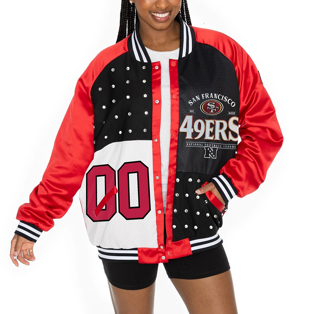 Women's Gameday Couture  Scarlet/Black San Francisco 49ers Oversized Hot Shot Rhinestone Throwback Full-Snap Varsity Bomber Jacket