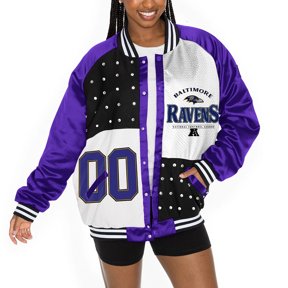 Women's Gameday Couture  Purple/White Baltimore Ravens Oversized Hot Shot Rhinestone Throwback Full-Snap Varsity Bomber Jacket