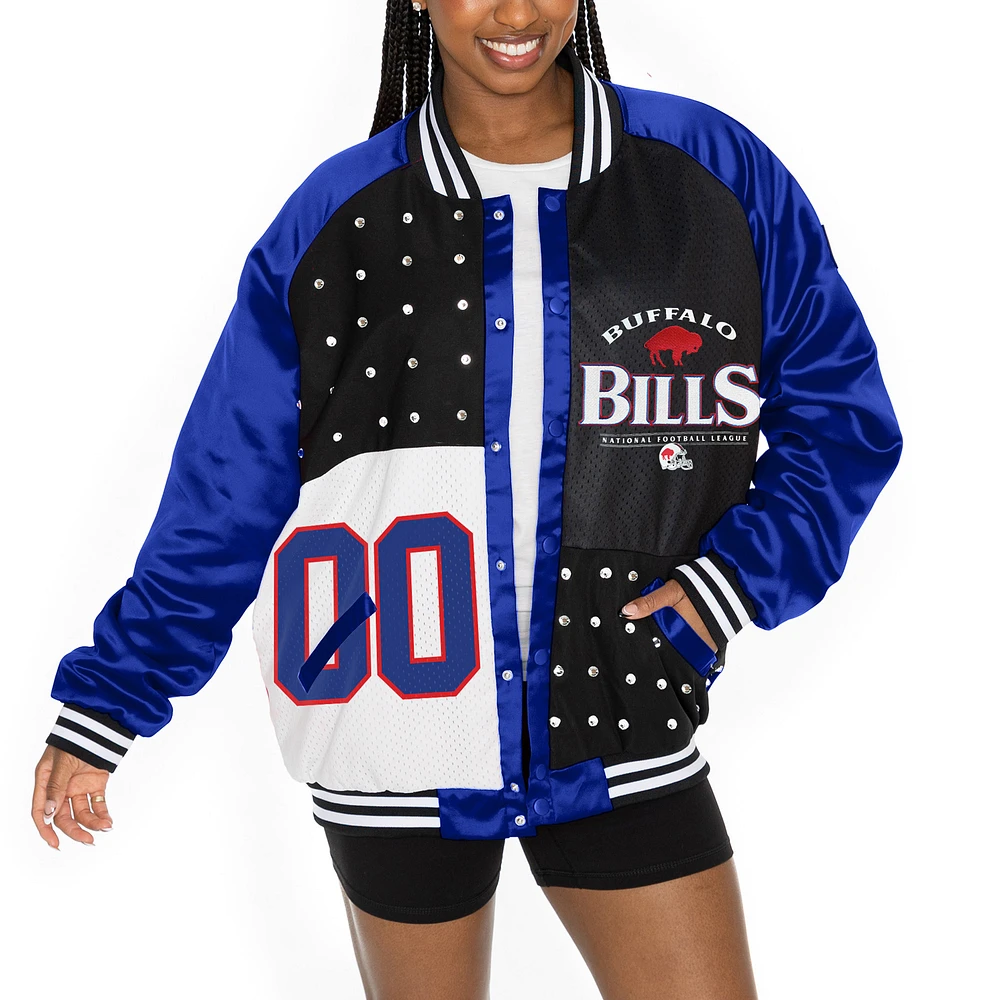 Women's Gameday Couture  Royal/Black Buffalo Bills Oversized Hot Shot Rhinestone Throwback Full-Snap Varsity Bomber Jacket