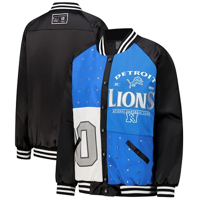 Women's Gameday Couture  Black/Blue Detroit Lions Oversized Hot Shot Rhinestone Throwback Full-Snap Varsity Bomber Jacket