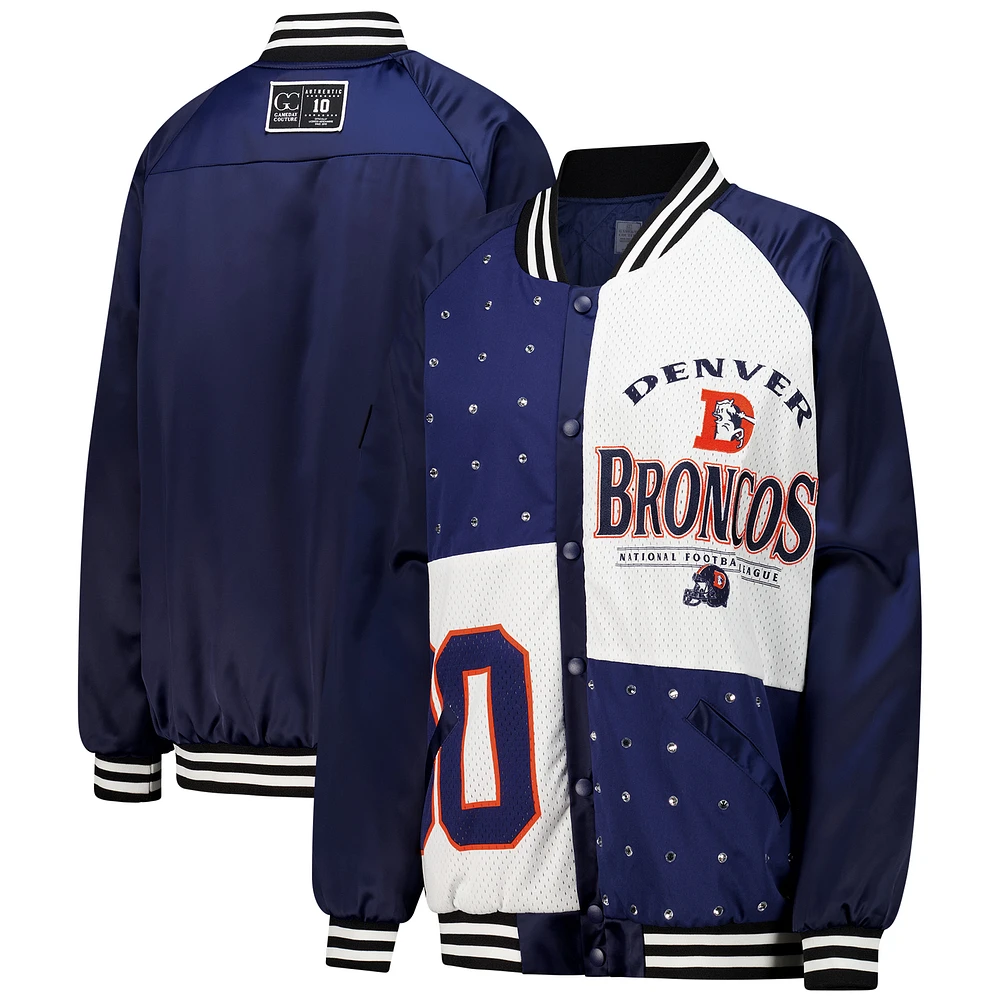 Women's Gameday Couture  Navy/White Denver Broncos Oversized Hot Shot Rhinestone Throwback Full-Snap Varsity Bomber Jacket