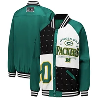 Women's Gameday Couture  Green/White Green Bay Packers Oversized Hot Shot Rhinestone Throwback Full-Snap Varsity Bomber Jacket