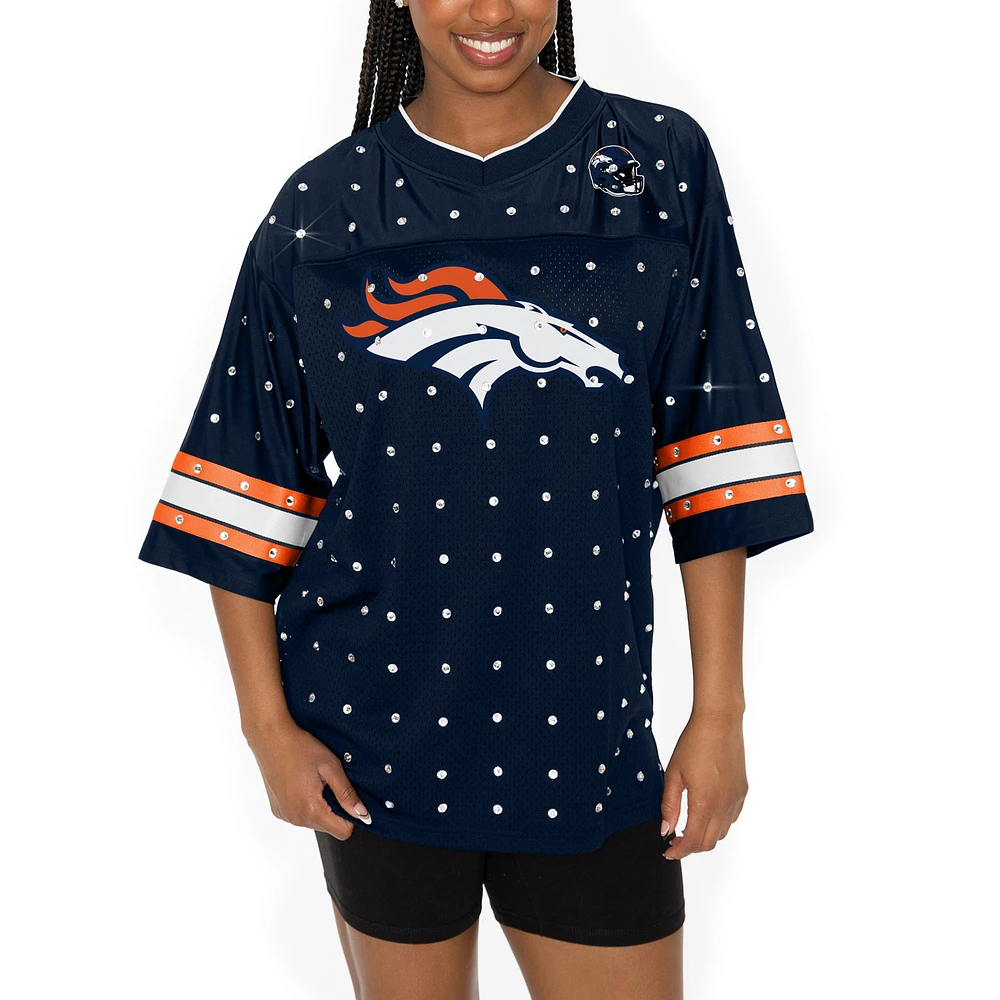 Women's Gameday Couture Navy Denver Broncos All-Over Rhinestone Sports Stripe Kickoff V-Neck Fashion Half-Sleeve Jersey Top