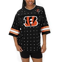 Women's Gameday Couture Black Cincinnati Bengals All-Over Rhinestone Sports Stripe Kickoff V-Neck Fashion Half-Sleeve Jersey Top