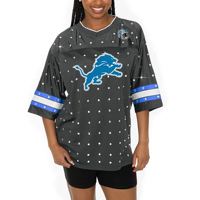 Women's Gameday Couture Anthracite Detroit Lions All-Over Rhinestone Sports Stripe Kickoff V-Neck Fashion Half-Sleeve Jersey Top