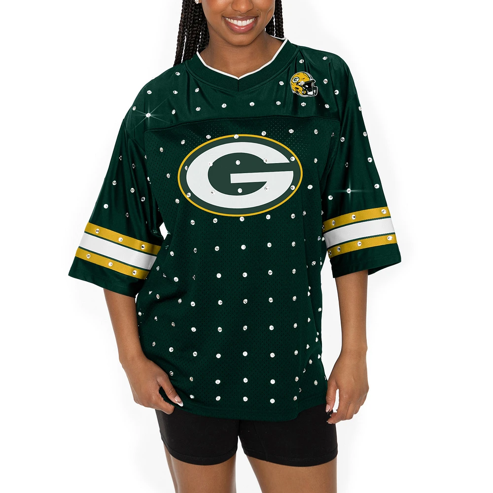 Women's Gameday Couture Green Bay Packers All-Over Rhinestone Sports Stripe Kickoff V-Neck Fashion Half-Sleeve Jersey Top