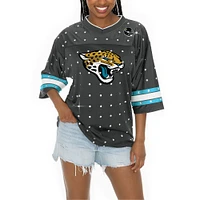 Women's Gameday Couture Anthracite Jacksonville Jaguars All-Over Rhinestone Sports Stripe Kickoff V-Neck Fashion Half-Sleeve Jersey Top