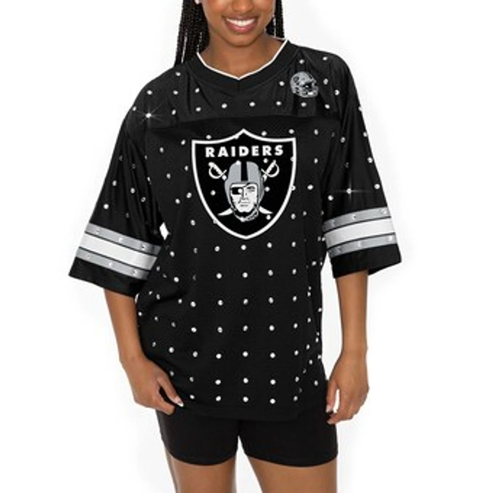 Women's Gameday Couture Black Las Vegas Raiders Kickoff Time Allover Rhinestone Sports Stripe Jersey V-Neck T-Shirt