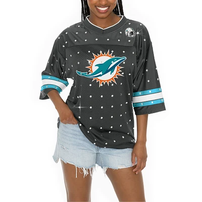 Women's Gameday Couture Anthracite Miami Dolphins All-Over Rhinestone Sports Stripe Kickoff V-Neck Fashion Half-Sleeve Jersey Top