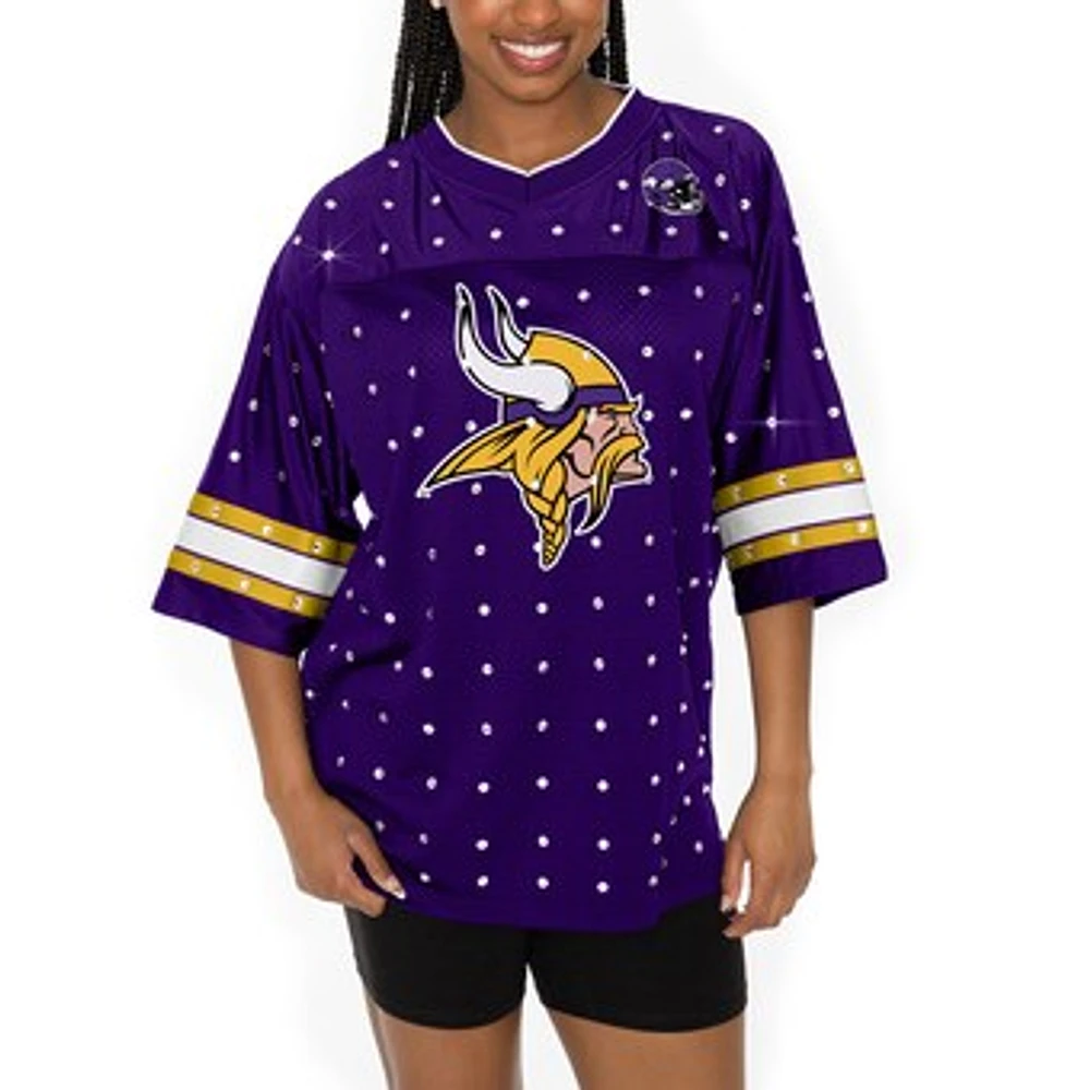 Women's Gameday Couture Purple Minnesota Vikings All-Over Rhinestone Sports Stripe Kickoff V-Neck Fashion Half-Sleeve Jersey Top