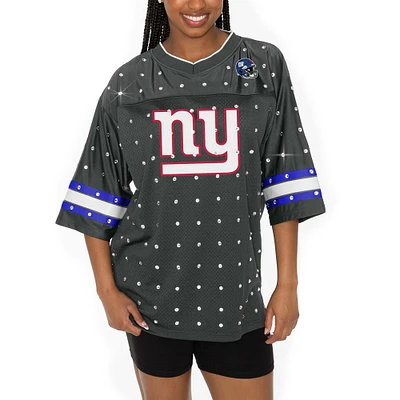 Women's Gameday Couture Anthracite New York Giants Kickoff Time Allover Rhinestone Sports Stripe Jersey V-Neck T-Shirt