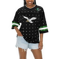 Women's Gameday Couture Black Philadelphia Eagles Kickoff Time Allover Rhinestone Sports Stripe Jersey V-Neck T-Shirt