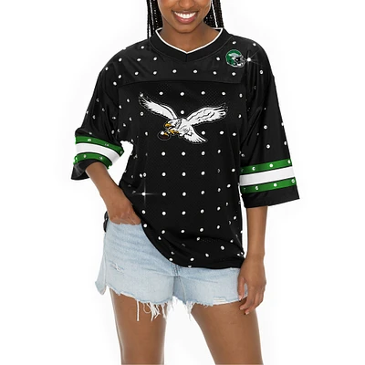 Women's Gameday Couture Black Philadelphia Eagles All-Over Rhinestone Sports Stripe Kickoff V-Neck Fashion Half-Sleeve Jersey Top