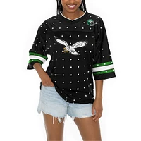 Women's Gameday Couture Black Philadelphia Eagles Kickoff Time Allover Rhinestone Sports Stripe Jersey V-Neck T-Shirt