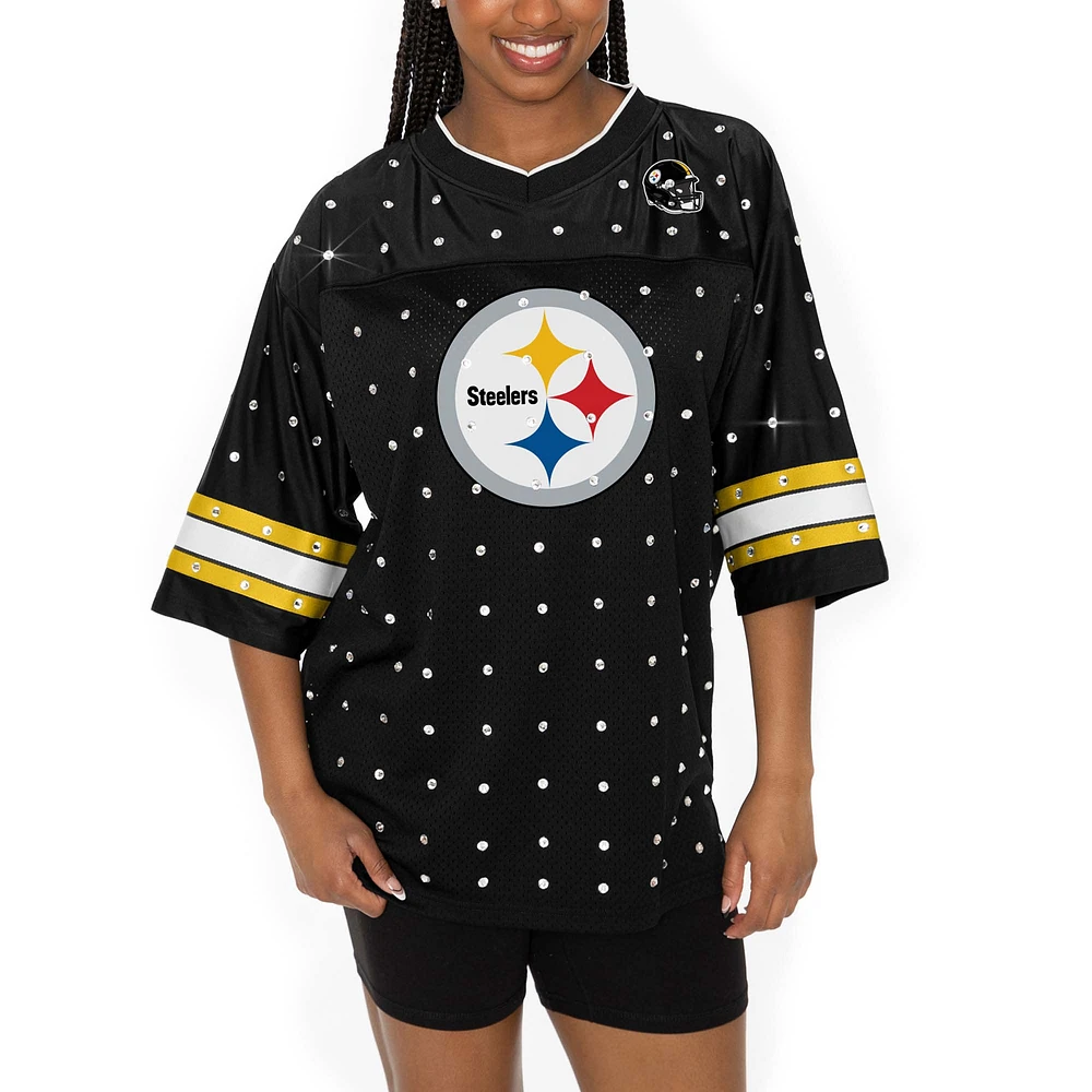 Women's Gameday Couture Black Pittsburgh Steelers Kickoff Time Allover Rhinestone Sports Stripe Jersey V-Neck T-Shirt