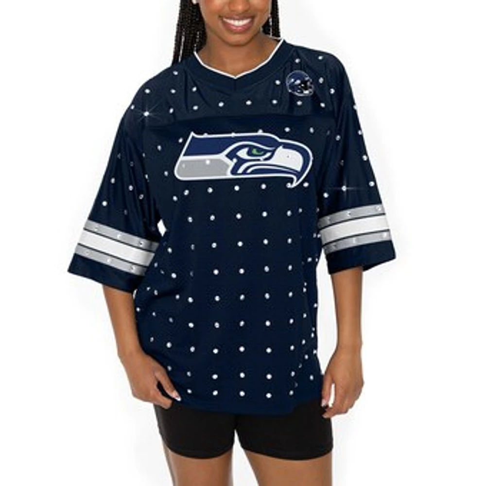 Women's Gameday Couture College Navy Seattle Seahawks Kickoff Time Allover Rhinestone Sports Stripe Jersey V-Neck T-Shirt