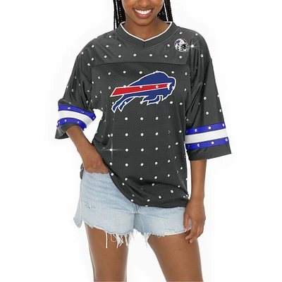 Women's Gameday Couture Anthracite Buffalo Bills All-Over Rhinestone Sports Stripe Kickoff Time V-Neck Fashion Half-Sleeve Jersey Top