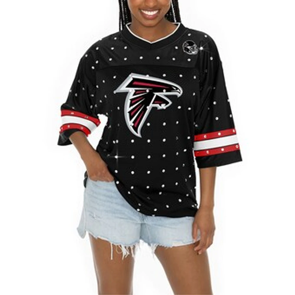 Women's Gameday Couture Black Atlanta Falcons All-Over Rhinestone Sports Stripe Kickoff V-Neck Fashion Half-Sleeve Jersey Top