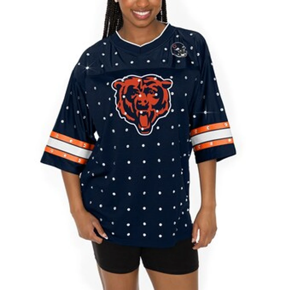 Women's Gameday Couture Navy Chicago Bears All-Over Rhinestone Sports Stripe Kickoff V-Neck Fashion Half-Sleeve Jersey Top