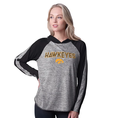 Women's G-III 4Her by Carl Banks Black Iowa Hawkeyes Underdog Bling Raglan Long Sleeve Hoodie T-Shirt