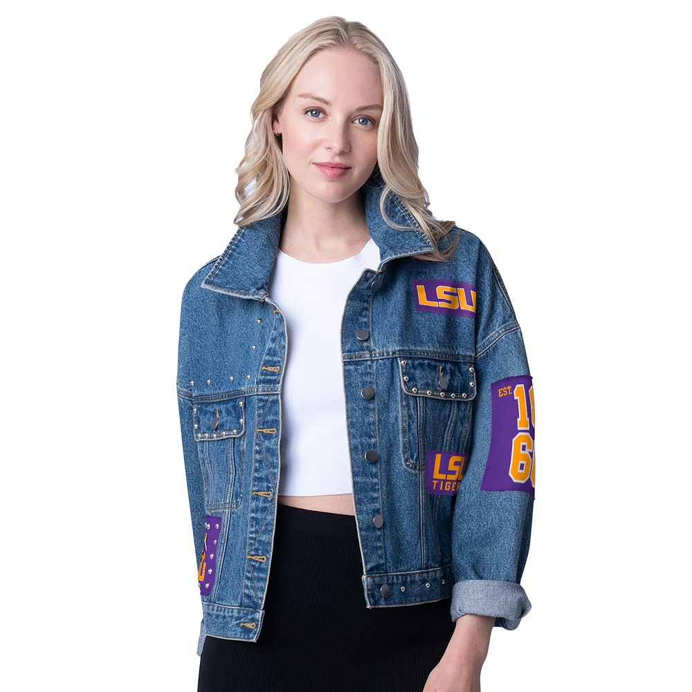 Women's G-III 4Her by Carl Banks Denim LSU Tigers Game Ball Patches and Studs Full-Button Jacket