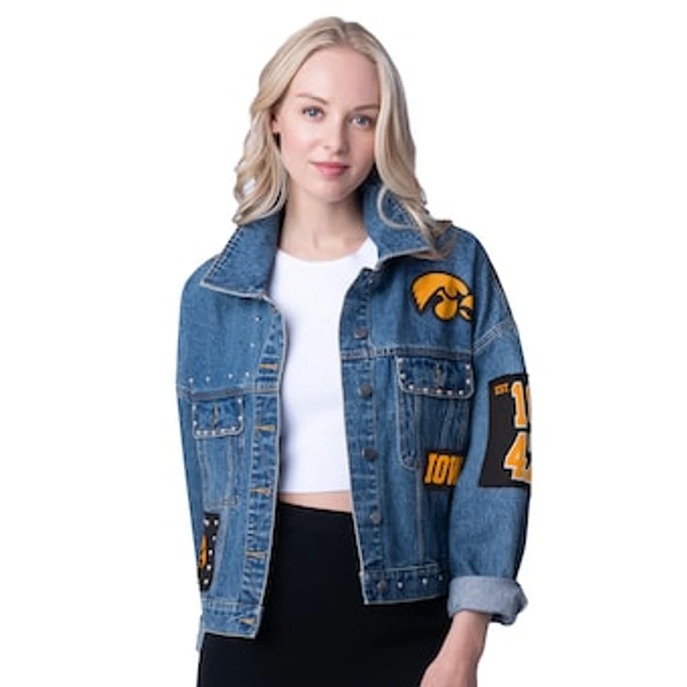 Women's G-III 4Her by Carl Banks Denim Iowa Hawkeyes Game Ball Patches and Studs Full-Button Jacket