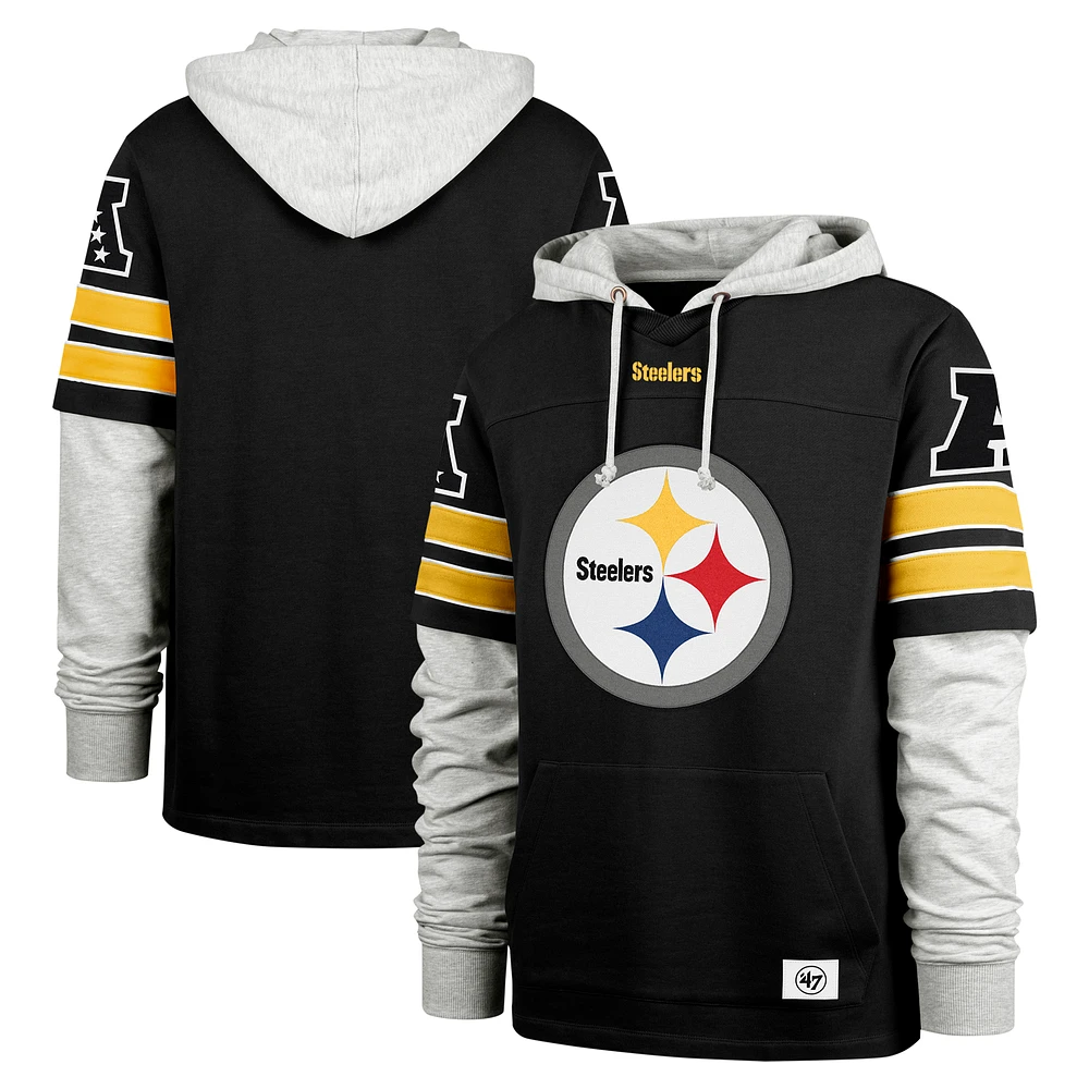 Men's '47 Black Pittsburgh Steelers Double Header Blitz Cornerback Pullover Hoodie