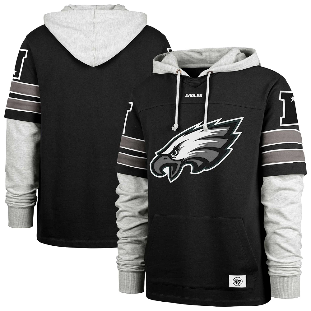 Men's '47 Black Philadelphia Eagles Double Header Blitz Cornerback Pullover Hoodie