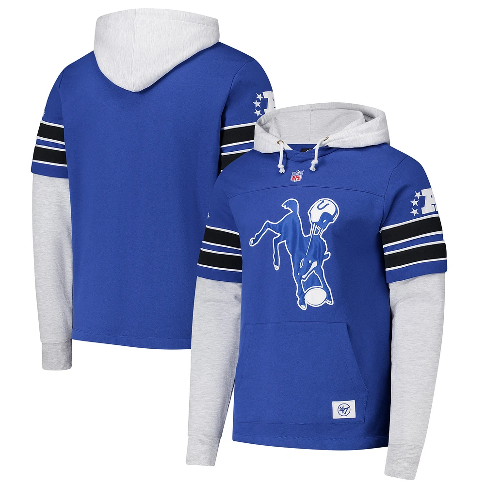 Men's '47 Royal Indianapolis Colts  Double Header Blitz Throwback Cornerback Pullover Hoodie