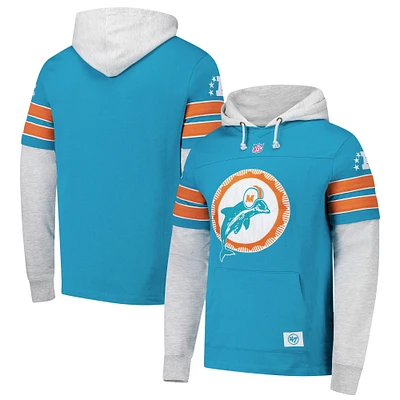 Men's '47 Aqua Miami Dolphins  Double Header Blitz Throwback Cornerback Pullover Hoodie