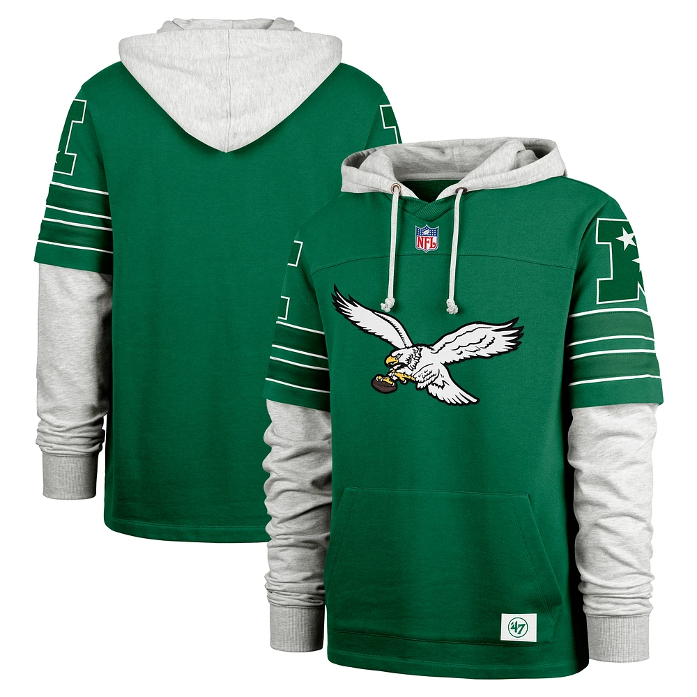 Men's '47 Kelly Green Philadelphia Eagles  Double Header Blitz Throwback Cornerback Pullover Hoodie