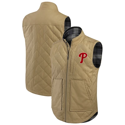 Men's Darius Rucker Collection by Fanatics Tan/Charcoal Philadelphia Phillies Reversible Canvas & Plaid Patch Full-Zip Vest