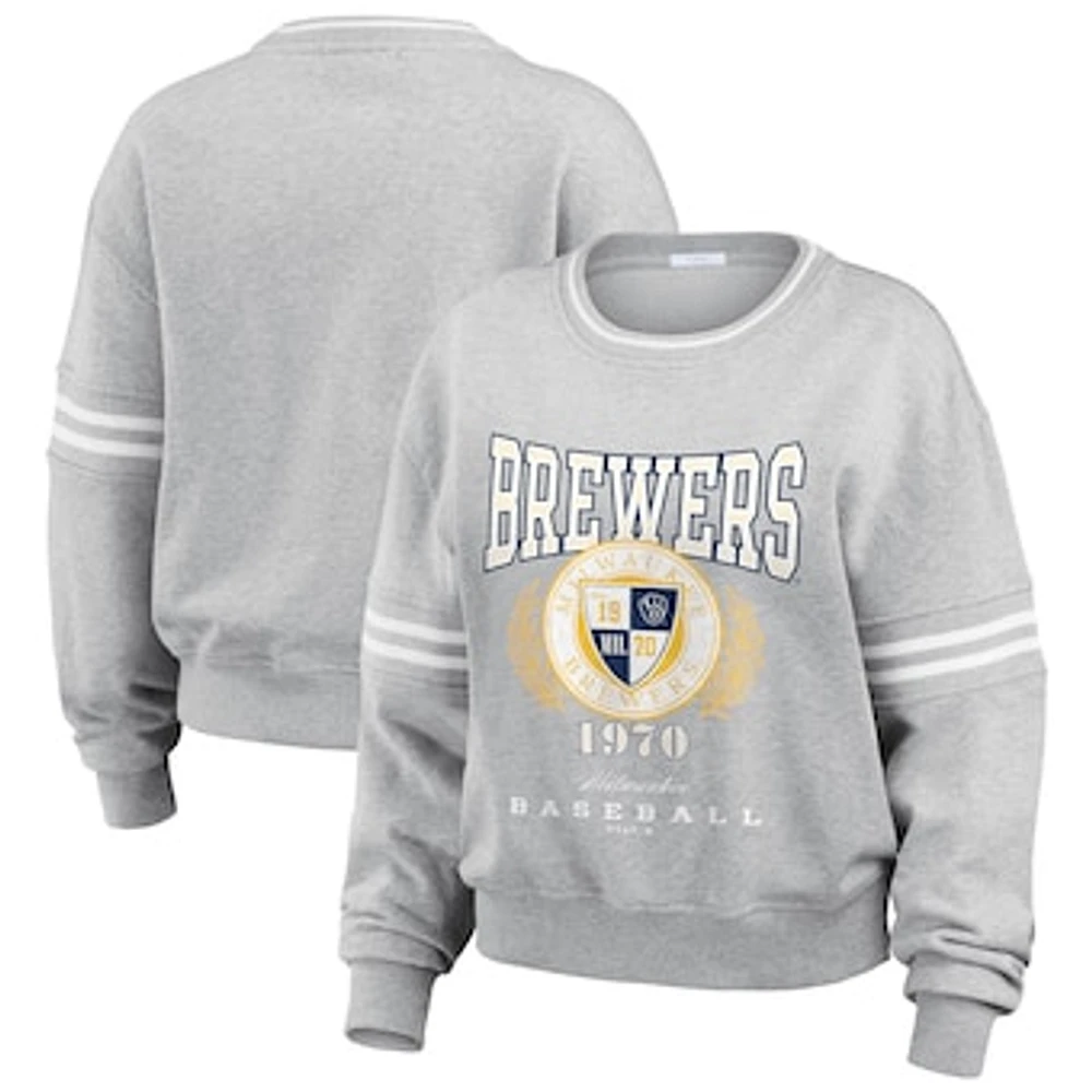 Women's WEAR by Erin Andrews Heather Gray Milwaukee Brewers Domestic Crest Pullover Sweatshirt